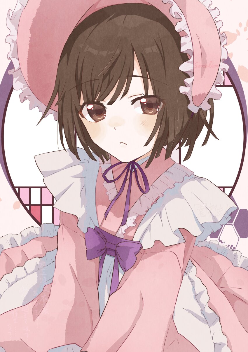 1girl absurdres artist_name bonnet brown_eyes brown_hair closed_mouth dress expressionless flat_chest frilled_bonnet frilled_kimono frills hat highres izu_lemon japanese_clothes kimono long_sleeves looking_at_viewer monogatari_(series) neck_ribbon pink_bonnet pink_hat pink_kimono ribbon sengoku_nadeko short_hair sitting solo straight_hair taishou