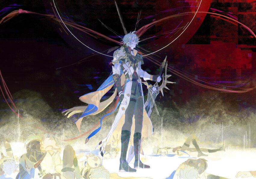 1boy antenna_hair armor black_choker black_gloves black_pants black_shirt blue_cape blue_eyes cape choker clone coat fingerless_gloves full_body gloves hashtag-only_commentary highres honkai:_star_rail honkai_(series) infinity_symbol male_focus narupesoonu pants pauldrons phainon_(honkai:_star_rail) red_sky shirt short_hair shoulder_armor single_glove single_pauldron sky solo thigh_strap white_coat white_hair
