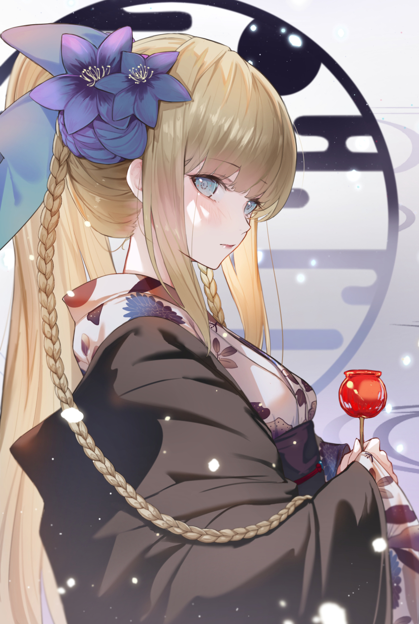 1girl absurdres blonde_hair blue_bow blue_eyes bow braid candy_apple fate/grand_order fate_(series) floral_print flower food grey_kimono hair_bow hair_flower hair_ornament highres japanese_clothes kimono long_hair long_sleeves looking_at_viewer morgan_le_fay_(fate) morgan_le_fay_(fgo_fes._2023)_(fate) ponytail sash sidelocks sitting solo thighs ura_illust very_long_hair wide_sleeves