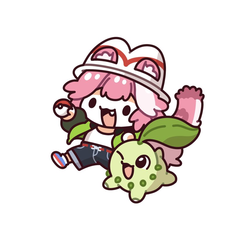 1girl :3 animal_ear_headwear animal_ears blue_shoes blue_shorts chikorita commentary english_commentary fake_animal_ears fang gen_2_pokemon green_jacket hat highres holding holding_poke_ball hololive hololive_english jacket long_sleeves medium_hair mochigome_(h0_pj) multicolored_hair nintendo one_eye_closed open_mouth panther_ears panther_girl panther_tail pink_hair pink_tail poke_ball poke_ball_(basic) pokemon pokemon_(creature) pokemon_legends:_z-a raora_panthera shirt shoes shorts simple_background smile solid_oval_eyes streaked_hair tail two-tone_hair virtual_youtuber white_background white_hat white_shirt