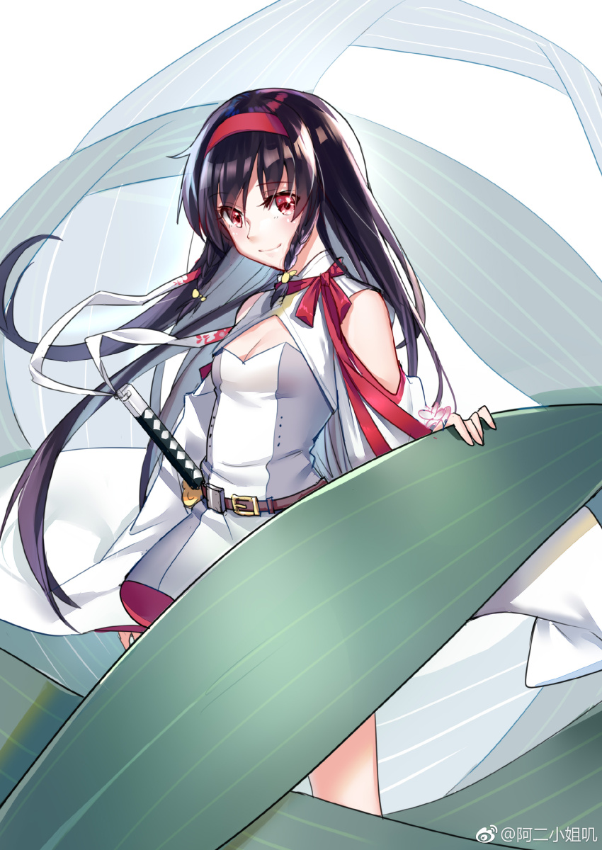 1girl :d absurdres aer_(tengqiu) aoba_(warship_girls_r) bird black_bow black_dress blush bow braid breasts collared_shirt dress hair_between_eyes hair_ornament hair_ribbon highres holding holding_weapon index_finger_raised long_hair long_sleeves looking_at_viewer open_mouth red_eyes ribbon shirt side_braids small_breasts smile solo tachi_(weapon) twintails two_side_up very_long_hair warship_girls_r watermark weapon weibo_watermark white_hair white_shirt