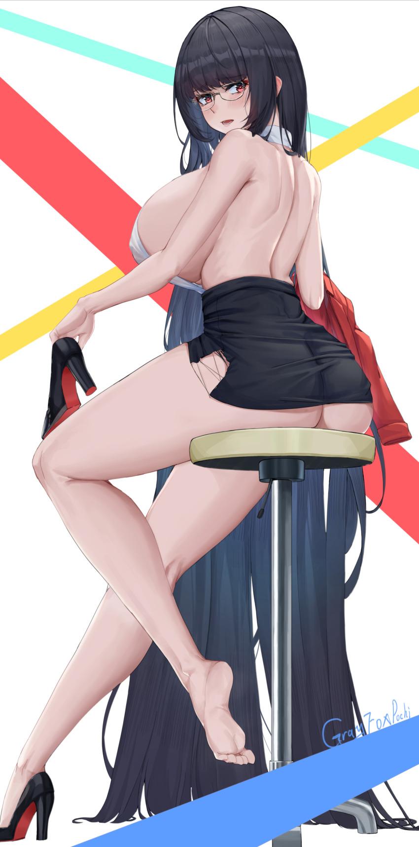 1girl absurdly_long_hair absurdres alvitr_(azur_lane) alvitr_(muspel&#039;s_torrid_secrets)_(azur_lane) ass azur_lane backless_shirt barefoot black_hair blunt_bangs breasts from_behind grayfoxpochi halterneck high_heels highres holding holding_shoes holding_unworn_clothes huge_breasts long_hair office_lady official_alternate_costume pencil_skirt rimless_eyewear shirt shoes sideboob sideboob_cutout sideless_shirt single_shoe sitting skirt sleeveless sleeveless_shirt stool thighs toes underbutt unworn_shoes very_long_hair