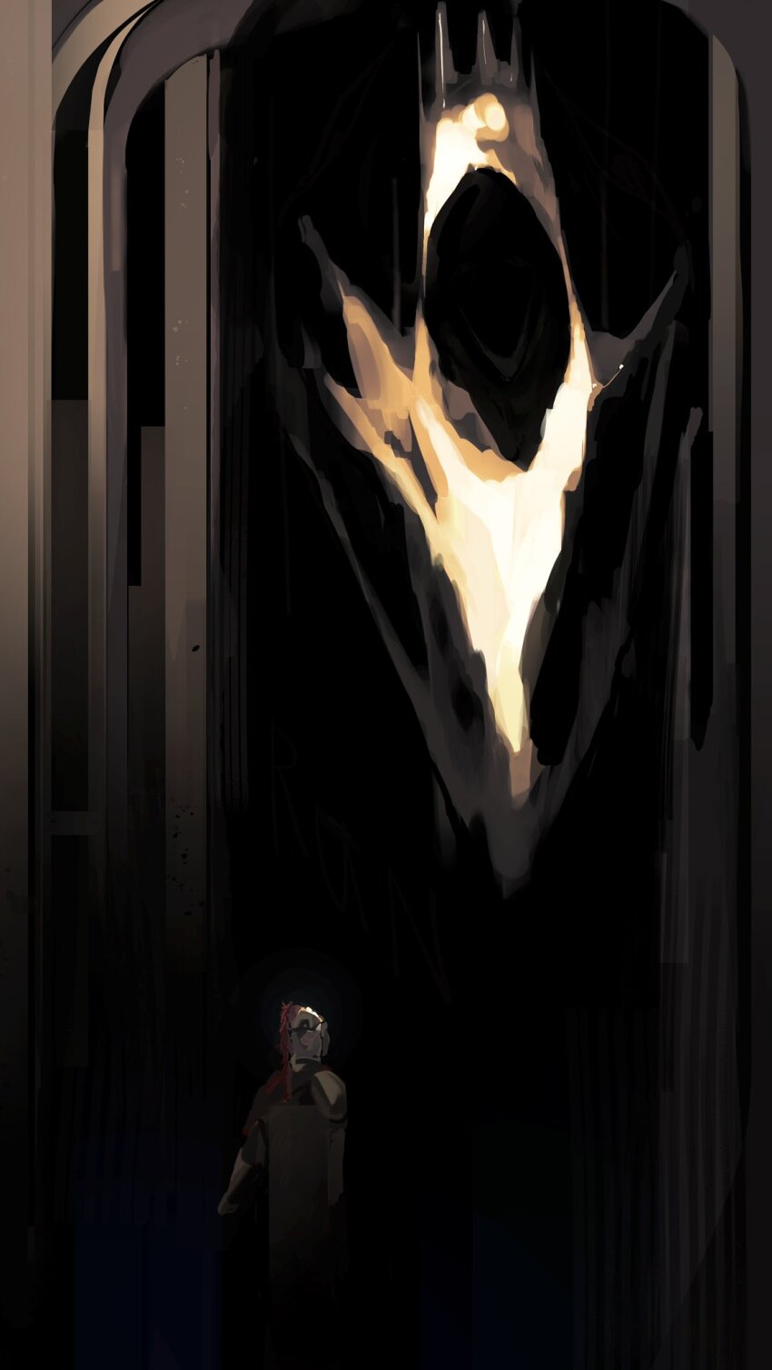 armor cloak crown d3rlord3 dark faceless facing_another galea_helmet highres hood hood_up hooded_cloak knight pawnkyyyy searching_for_a_world_that_doesn&#039;t_exist size_difference standing the_king_in_yellow_(searching_for_a_world_that_doesn&#039;t_exist)