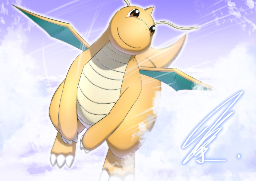absurdres antennae aura blue_wings brown_eyes brown_scales claws cloud colored_skin dragon dragon_wings dragonite flying game_freak gen_1_pokemon glowing highres horns looking_to_the_side mini_wings mitsukuma448 nintendo no_humans orange_skin outdoors pokemon pokemon_(creature) signature single_horn sky smile solo wings