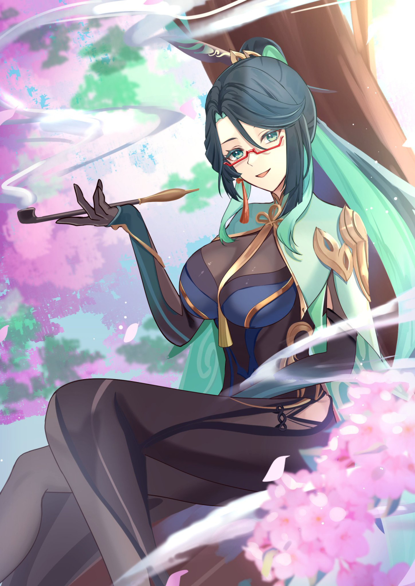 1girl aqua_eyes aqua_hair black_hair bodystocking breasts chinese_hairpin colored_inner_hair earrings genshin_impact glasses gloves hair_ornament high_ponytail highres holding holding_smoking_pipe jewelry large_breasts long_hair marufus multicolored_hair ponytail red-framed_eyewear semi-rimless_eyewear single_earring smoking_pipe solo tassel tassel_earrings tassel_hair_ornament very_long_hair xianyun_(genshin_impact)