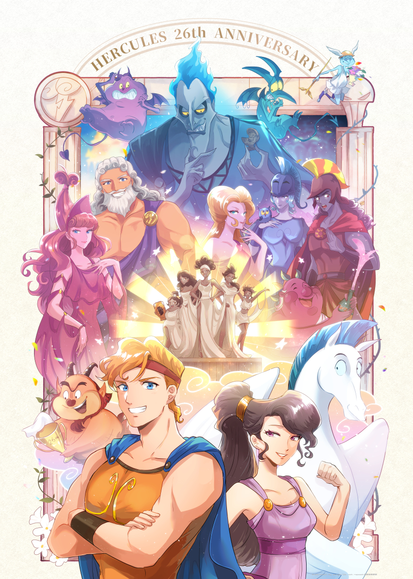 6+boys 6+girls absurdres afro airagency1005 ancient_greek_clothes aphrodite_(disney) ares_(mythology) armor beard bird blue_cape blue_eyes blue_hair breastplate breasts brown_hair cape commentary commentary_request crossed_arms curly_hair demon demon_wings dress facial_hair fiery_hair goat_horns greco-roman_clothes greek_armor greek_helmet greek_mythology grey_hair grin hades_(disney) hand_on_own_chest hand_on_own_chin helmet hera_(mythology) hercules_(1997_movie) hercules_(disney) hermes_(mythology) highres holding holding_staff horns long_hair medium_breasts megara_(disney) multiple_boys multiple_girls muscular muscular_male orange_hair owl pain_(disney) panic_(disney) parted_lips pegasus pegasus_(disney) philoctetes pink_dress pink_eyes pink_hair ponytail pottery red_dress satyr sharp_teeth smile staff teeth toga trophy white_dress winged_helmet wings yellow_eyes zeus_(disney)