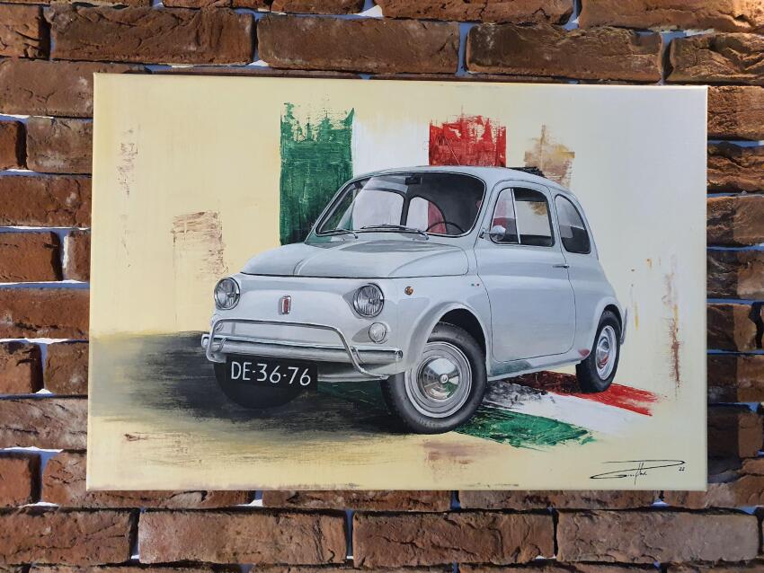 absurdres acrylic_paint_(medium) brick_wall car commentary english_commentary fiat fiat_500 highres idlingv12 italian_flag license_plate motor_vehicle no_humans original painting_(medium) photo_(medium) shadow signature traditional_media vehicle_focus