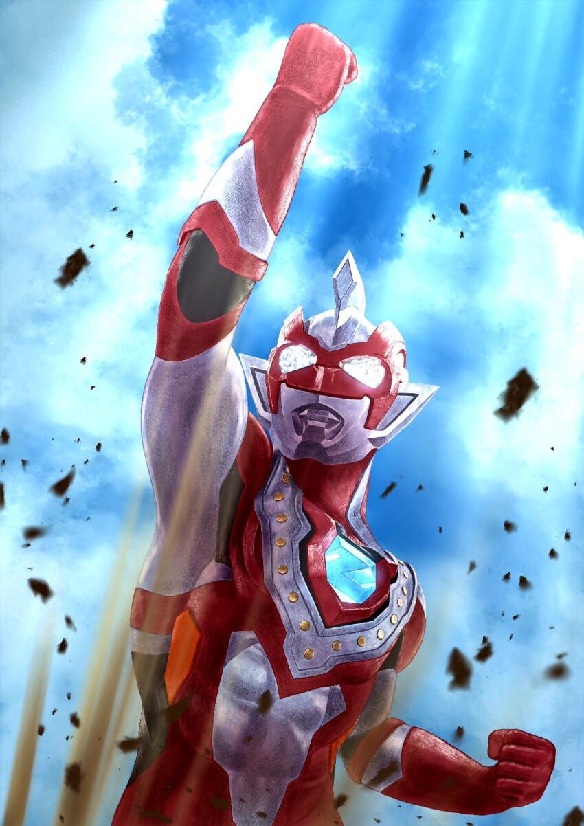 1boy abs alien arm_up armor attack black_skin blue_sky breastplate clenched_hands cloud cloudy_sky color_timer colored_skin commentary compound_eyes dappled_sunlight debris dirt dorsal_fin glowing glowing_eyes highres looking_up male_focus multicolored_skin muscular muscular_male orange_skin outdoors pectorals pointy_ears raised_fist red_skin shoulder_armor shoulder_pads silver_skin sky solo sunlight tachibana_satsuki_(artist) tokusatsu ultra_series ultraman_z ultraman_z_(beta_smash) ultraman_z_(series) upper_body uppercut white_eyes