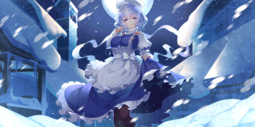 1girl apron black_pantyhose blue_bow blue_capelet blue_eyes blue_hair blue_skirt blush bow building capelet closed_mouth feet_out_of_frame frilled_skirt frills full_moon half-closed_eyes hand_up hat highres kokka_han lapel_pin letty_whiterock light_blue_hair long_sleeves looking_at_viewer moon night night_sky non-web_source official_art outdoors pantyhose puffy_sleeves scarf second-party_source shirt short_hair skirt skirt_hold sky smile snow snowing solo touhou touhou_lostword tower waist_apron waist_bow white_apron white_bow white_hat white_scarf white_shirt