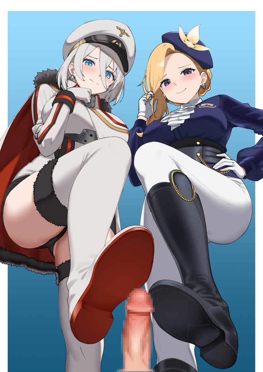 2girls absurdres arm_under_breasts azur_lane black_boots black_panties blonde_hair blue_background blue_eyes blue_hat blush bootjob boots border breasts cape censored commentary commission dress earrings english_commentary foot_out_of_frame footjob fur-trimmed_boots fur-trimmed_cape fur_trim gloves gradient_background hair_between_eyes hand_on_own_chin hand_on_own_hip hat hetero highres hood_(azur_lane) hood_(gentlewoman_and_stallion)_(azur_lane) jacket jewelry large_breasts long_hair long_sleeves looking_at_viewer military_uniform mosaic_censoring multiple_girls panties pants parallelrey peaked_cap penis riding_boots riding_outfit shoe_soles shoejob short_hair smile standing tanaka_atsuko tirpitz_(azur_lane) underwear voice_actor_connection white_boots white_border white_cape white_gloves white_hair white_hat white_pants