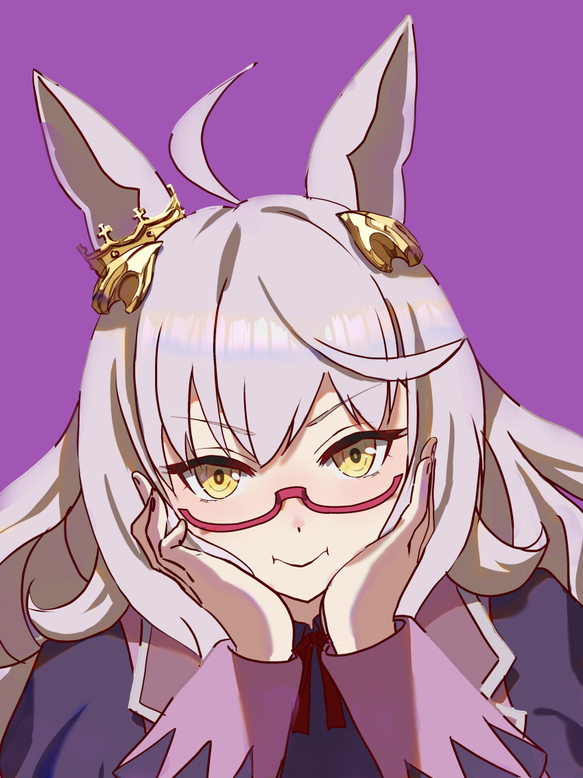 1girl absurdres ahoge animal_ears biwa_hayahide_(umamusume) blush closed_mouth commentary_request ear_ornament grey_hair hair_between_eyes hair_ornament hands_on_own_cheeks hands_on_own_face head_rest highres horse_ears horse_girl jacket juliet_sleeves long_hair long_sleeves no_uwazumi puffy_sleeves purple_background purple_jacket red-framed_eyewear semi-rimless_eyewear simple_background smile solo spade_hair_ornament umamusume under-rim_eyewear upper_(ex-ranza) upper_body v-shaped_eyebrows yellow_eyes