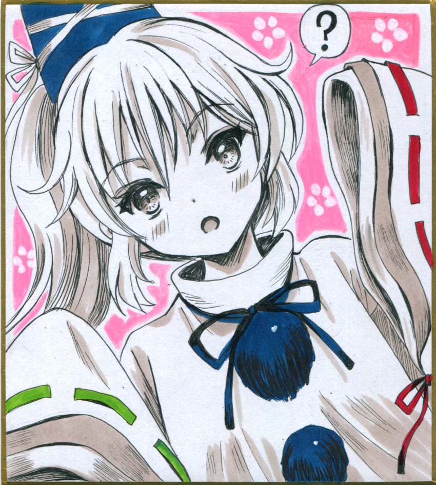1girl :o blue_hat blue_ribbon blush border green_ribbon hajike_akira hat highres japanese_clothes kariginu limited_palette long_hair mononobe_no_futo pink_background pom_pom_(clothes) ponytail red_ribbon ribbon solo spoken_impregnation tate_eboshi touhou traditional_media white_border white_ribbon