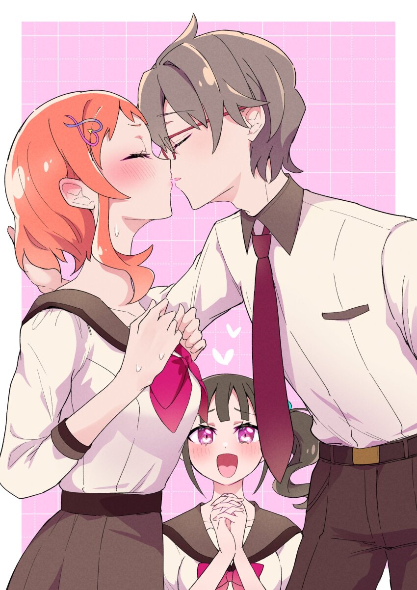 1boy 2girls ahoge blunt_bangs blush breasts brown_hair closed_eyes closed_mouth collarbone column couple curly_hair face-to-face glasses grid_background hair_ornament hair_tie hairpin hand_on_own_chest hand_on_wall heart heart-shaped_pupils heart_in_eye heart_in_mouth heart_pin highres imminent_kiss inukai_iroha long_hair long_sleeves looking_up medium_hair mikorin multiple_girls necktie nekoyashiki_mayu nervous nervous_sweating open_mouth orange_hair pants parted_bangs pillar pink_background precure school school_uniform short_hair side_ponytail sideboob sideways_face sweat sweatdrop symbol-shaped_pupils symbol_in_eye toyama_satoru upper_body wonderful_precure!