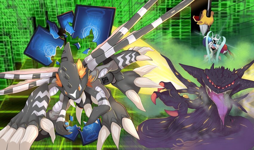 3others chaosmon claws digimon fusion glowing glowing_eye grankuwagamon highres multiple_others nidhoggmon sharp_teeth teeth tongue tongue_out wings