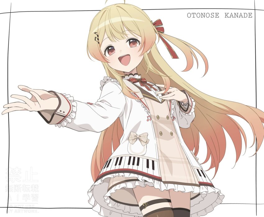 1girl ahoge blonde_hair blush dress fortissimo hair_ornament hair_ribbon highres hololive hololive_dev_is jacket long_hair mitohas multicolored_hair musical_note musical_note_hair_ornament one_side_up open_mouth otonose_kanade otonose_kanade_(1st_costume) piano_keys piano_print red_eyes red_ribbon ribbon solo thighhighs virtual_youtuber white_jacket