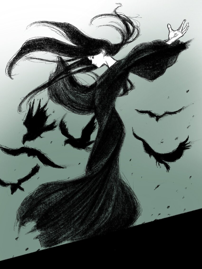 1girl bird black_dress black_hair crow dress hair_flowing_over highres long_hair long_sleeves original outstretched_arms solo spread_arms tp_p_pt wide_sleeves