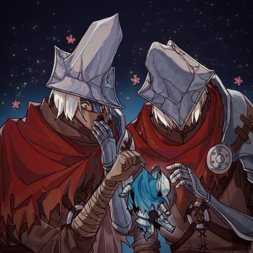 3boys abyss_watcher arm_armor armor artorias_the_abysswalker bandaged_arm bandages brown_jacket cape carrying carrying_person commentary dark_souls_(series) dark_souls_i dark_souls_iii full_armor full_body helmet highres jacket light_particles looking_at_another male_focus multiple_boys o-ring_strap red_cape short_hair shoulder_armor sky symbol-only_commentary tworain_w upper_body white_hair