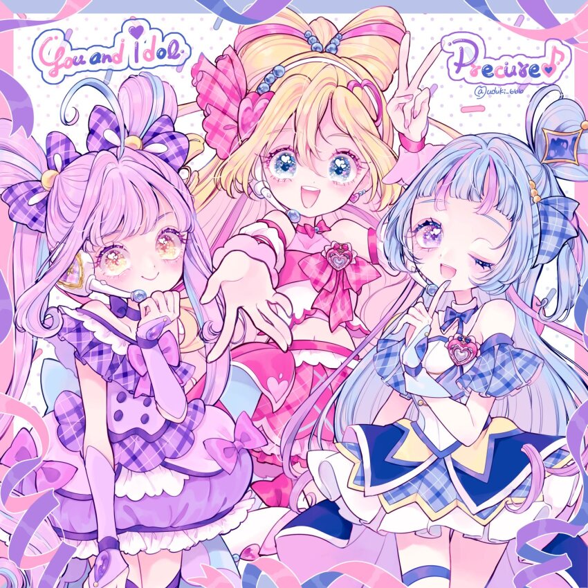 3girls :d ahoge aokaze_nana arm_warmers blonde_hair blue_dress blue_eyes blue_hair border bow bow-shaped_hair bubble_skirt choker circle_skirt copyright_name cowboy_shot crop_top cure_idol cure_kyunkyun cure_wink detached_collar detached_sleeves dress dyed_ahoge earrings hair_bow hair_bun headset highres jewelry kimi_to_idol_precure long_hair magical_girl midriff multicolored_hair multiple_girls navel neck_ribbon one_eye_closed open_mouth pink_hair polka_dot polka_dot_background precure purple_dress purple_eyes purple_hair ribbon sakura_uta_(precure) shigure_kokoro short_bangs single_hair_bun skirt smile standing thigh_strap twintails two-tone_hair uzuki_aki v wrist_cuffs yellow_eyes