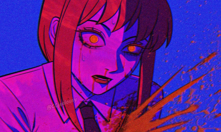 1girl black_necktie blood blood_from_mouth blood_on_clothes blood_on_face blood_spray bloody_tears blue_background chainsaw_man chromatic_aberration commentary czy_(2894456992) film_grain makima_(chainsaw_man) necktie nosebleed orange_eyes portrait red_hair sidelocks solo sweat