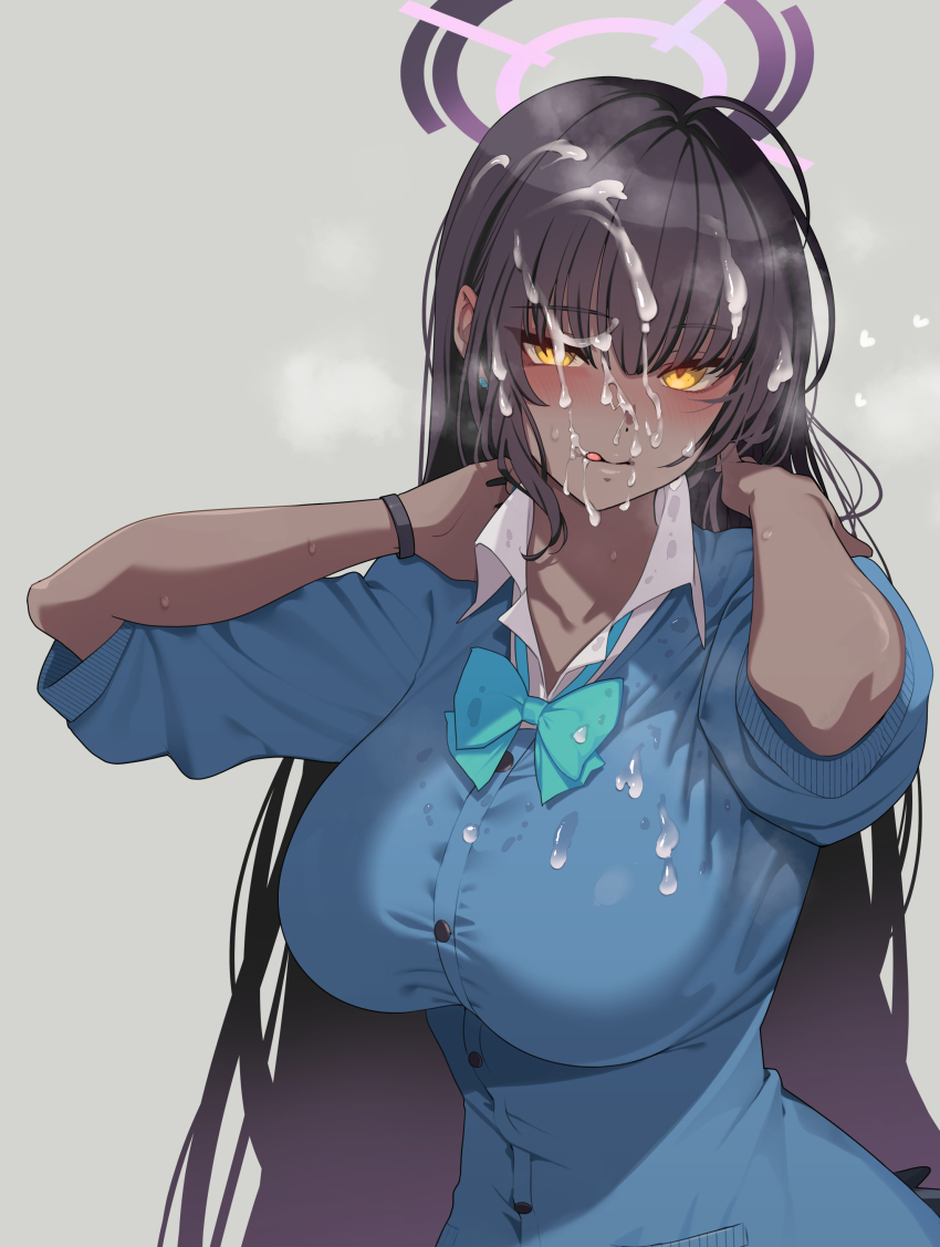 1girl :q absurdres aqua_bow aqua_bowtie black_skirt blue_archive blue_cardigan bow bowtie breasts cardigan collarbone commentary_request cum cum_on_body cum_on_clothes cum_on_hair dark-skinned_female dark_skin facial gradient_hair grey_background halo highres karin_(blue_archive) karin_(school_uniform)_(blue_archive) large_breasts licking_lips long_hair looking_at_viewer multicolored_hair purple_hair santa_(sunflower) simple_background skirt solo tongue tongue_out very_long_hair yellow_eyes