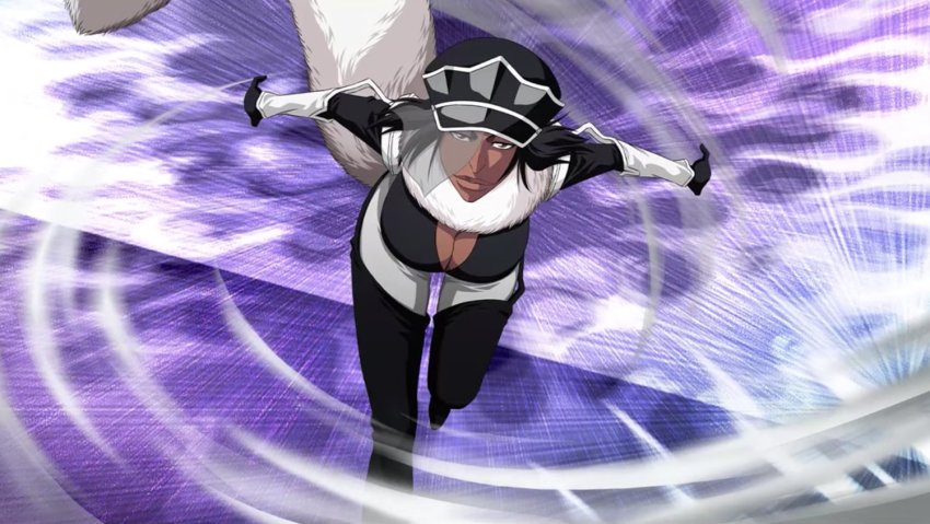 1girl black_gloves bleach bleach:_brave_souls bleach_bankai_battle boots breasts cleavage dark_skin fur_trim gloves hat jackie_tristan jumping large_breasts lips looking_at_viewer official_art peaked_cap running screencap smile solo standing thigh_boots wide_hips yellow_eyes