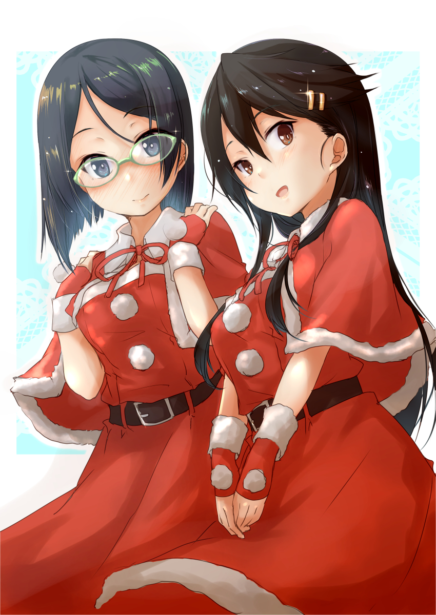 2girls absurdres black_hair brown_eyes capelet cosplay dress fur-trimmed_capelet fur-trimmed_dress fur-trimmed_gloves fur_trim fyuo glasses gloves grey_eyes hair_ornament hairclip haruna_(christmas)_(kancolle) haruna_(kancolle) haruna_(kancolle)_(cosplay) highres kantai_collection kirishima_(kancolle) long_hair looking_at_viewer matching_outfits multiple_girls red_capelet red_dress red_gloves santa_costume santa_dress
