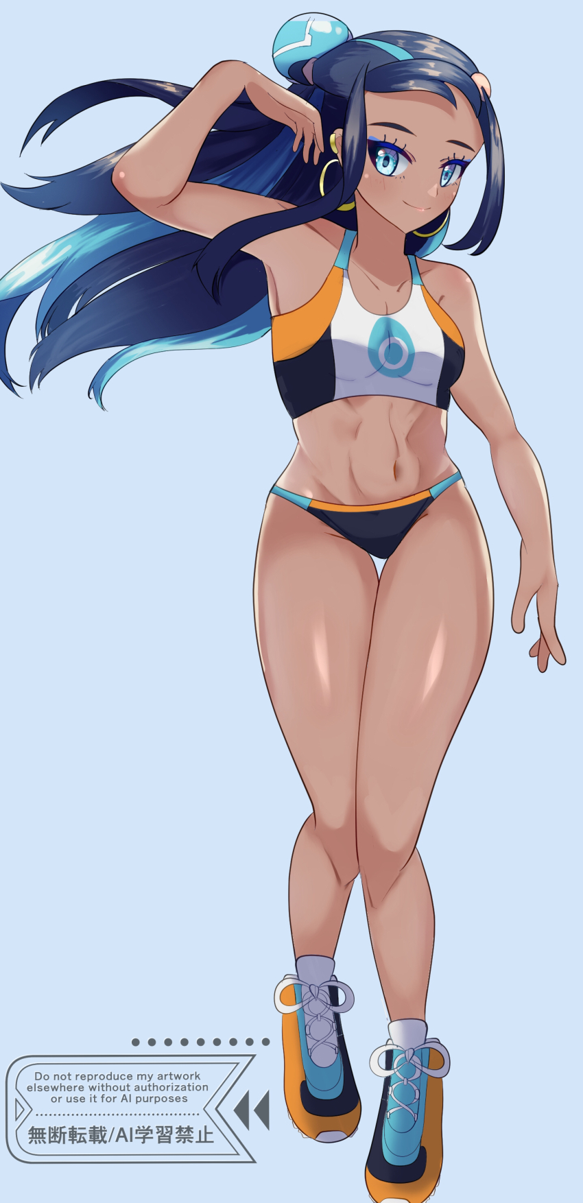 1girl abs absurdres bare_arms bare_legs black_hair blue_background blue_eyes blue_eyeshadow blue_hair breasts cleavage collarbone colored_skin crop_top dark-skinned_female dark_skin dive_ball edwith27 eyeshadow hair_bun highres long_hair makeup midriff multicolored_hair navel nessa_(pokemon) nintendo parted_hair poke_ball pokemon pokemon_swsh shorts single_hair_bun small_breasts smile sports_bikini thighs toned toned_female two-tone_hair walking