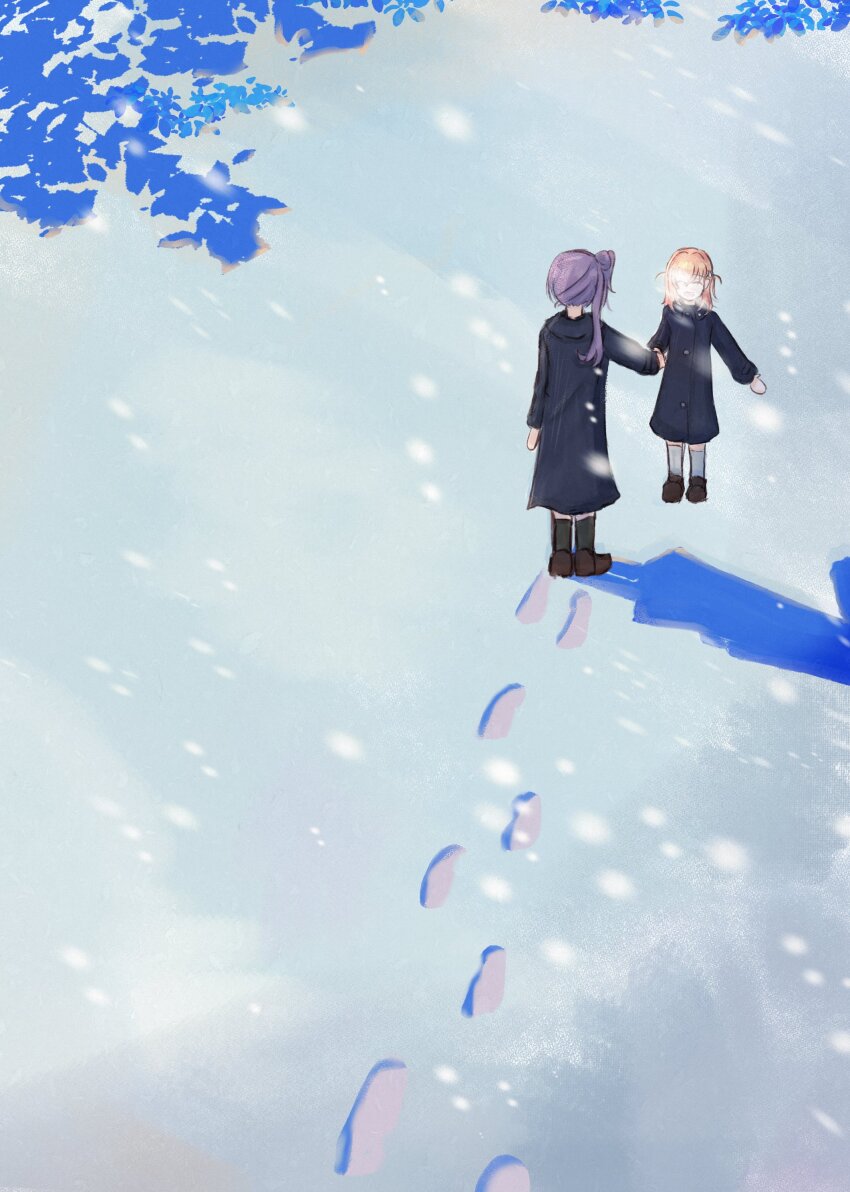 2girls :d ^_^ absurdres black_coat black_socks brown_shoes cerise_bouquet closed_eyes coat commentary_request crossed_bangs footprints hair_bun hair_ornament highres hikari863126 hinoshita_kaho holding_hands link!_like!_love_live! loafers long_hair love_live! medium_hair multiple_girls open_mouth orange_hair otomune_kozue outstretched_arm purple_hair rabbit_hair_ornament shoes side_ponytail sidelocks single_side_bun smile snow snowing socks two_side_up virtual_youtuber white_socks wide_shot winter