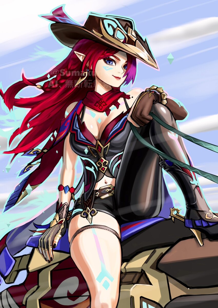 1girl artist_name asymmetrical_clothes black_camisole black_gloves black_hat black_pants blue_eyes bracelet braid breasts camisole chasca_(genshin_impact) cleavage cloud floating_hair genshin_impact gloves hair_behind_ear hat highres jewelry looking_at_viewer medium_breasts navel pants partially_fingerless_gloves pointy_ears red_hair red_lips red_scarf scarf side_braid single_pantsleg sitting sky smile solo sumakun thighlet watermark