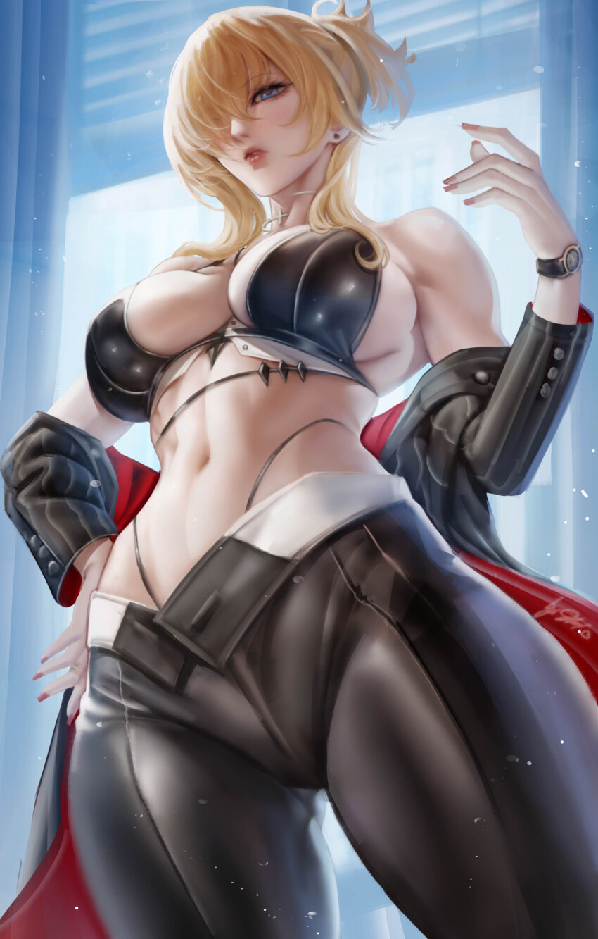 1girl abs absurdres bare_shoulders belly blonde_hair blue_eyes breasts commentary from_below goddess_of_victory:_nikke grave_(beautiful_you)_(nikke) grave_(nikke) highres jacket leather leather_bikini leather_jacket leather_pants lips midriff navel pants sherylnome solo solo_focus thighs watch wristwatch