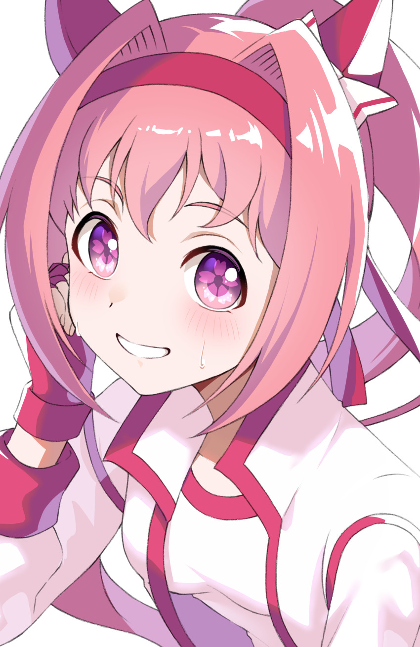 1girl absurdres animal_ears ear_covers fingerless_gloves gloves gym_shirt hair_between_eyes hair_intakes haru_urara_(umamusume) headband highres horse_ears horse_girl jacket long_hair looking_at_viewer pink_gloves pink_hair pink_headband ponytail purple_eyes shirt simple_background smile solo tawashi_hechima track_jacket umamusume white_background white_shirt