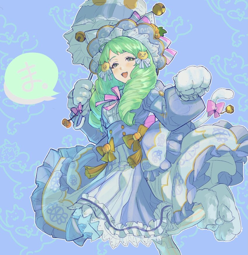 1girl :d animal_ears cat_girl cat_tail fake_animal_ears fake_tail fire_emblem fire_emblem:_three_houses fire_emblem_heroes flayn_(fire_emblem) flayn_(halloween)_(fire_emblem) green_eyes green_hair hair_ornament hairclip halloween halloween_costume highres holding holding_umbrella jack-o&#039;-lantern nintendo official_alternate_costume open_mouth smile solo sutekina_yari tail umbrella