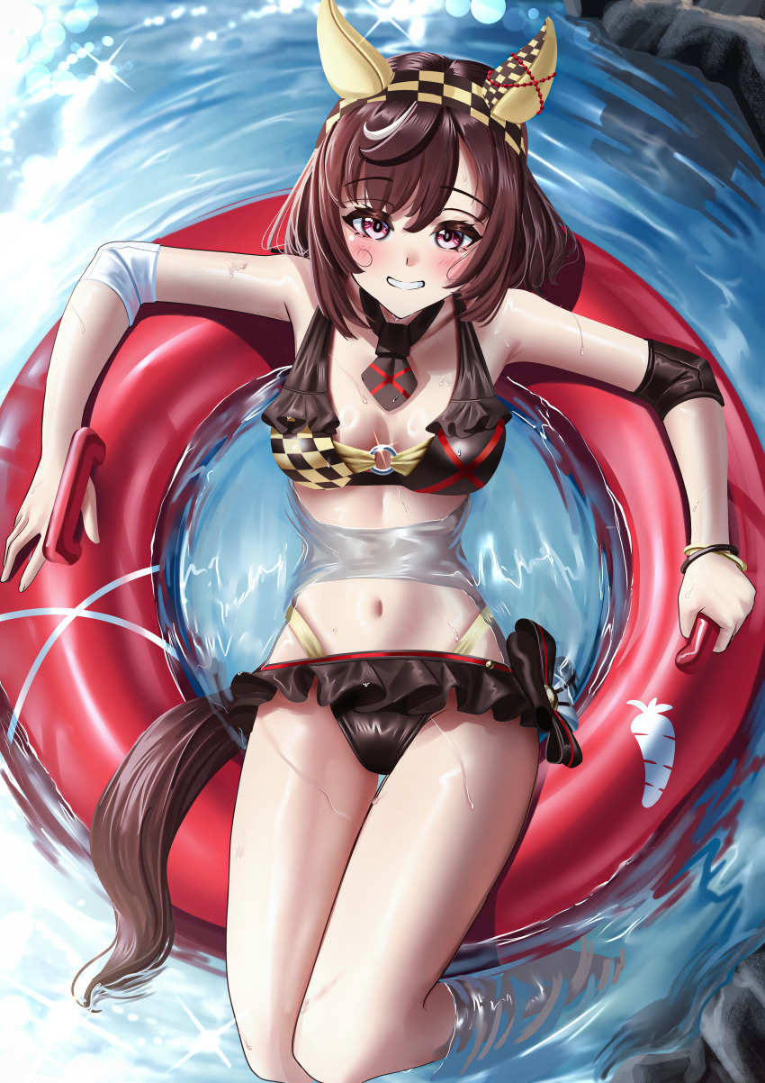 1girl absurdres alternate_costume animal_ears bikini breasts brown_hair buena_vista_(umamusume) cleavage collarbone commission commissioner_upload hair_between_eyes hair_ornament hairband highres horse_ears horse_girl innertube looking_at_viewer manjo_(warito) medium_breasts medium_hair navel open_mouth pixiv_commission purple_eyes rock solo swim_ring swimsuit umamusume water