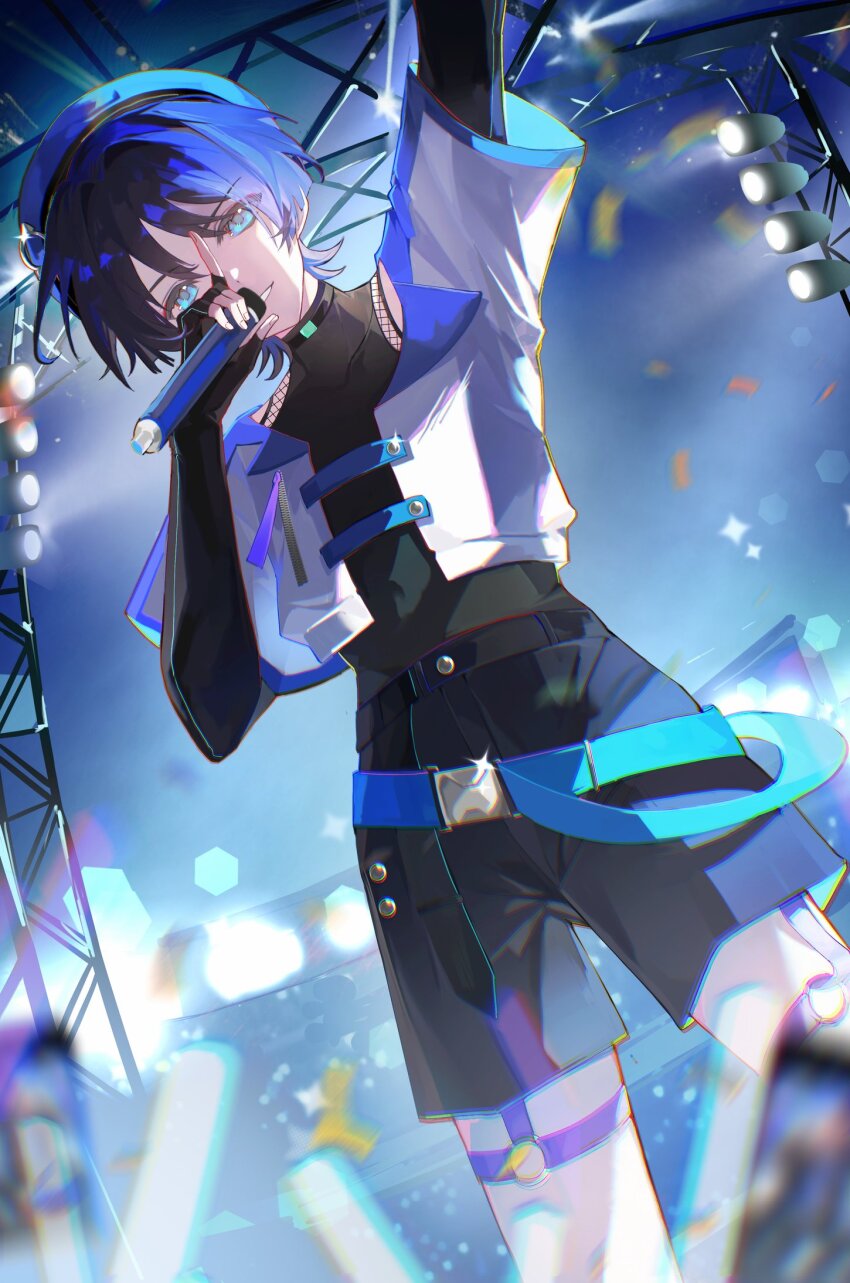 1boy aqua_belt aqua_eyes arm_up belt beret black_belt black_bodysuit black_choker black_gloves black_shorts black_trim blue_hair blue_hat blue_trim blunt_ends bodysuit breast_pocket buckle choker concert covered_collarbone crop_top cu09291 elbow_gloves fingerless_gloves fingernails fishnet_top fishnets genshin_impact gloves glowstick groin hair_between_eyes hair_intakes hat highres holding holding_microphone idol index_finger_raised lapels light_rays looking_at_viewer male_focus microphone night o-ring_strap parted_lips pocket purple_straps scaffolding scaramouche_(genshin_impact) shirt short_sleeves shorts smile solo standing strobe_lights thigh_strap wanderer_(genshin_impact) white_shirt white_sleeves zipper zipper_pull_tab