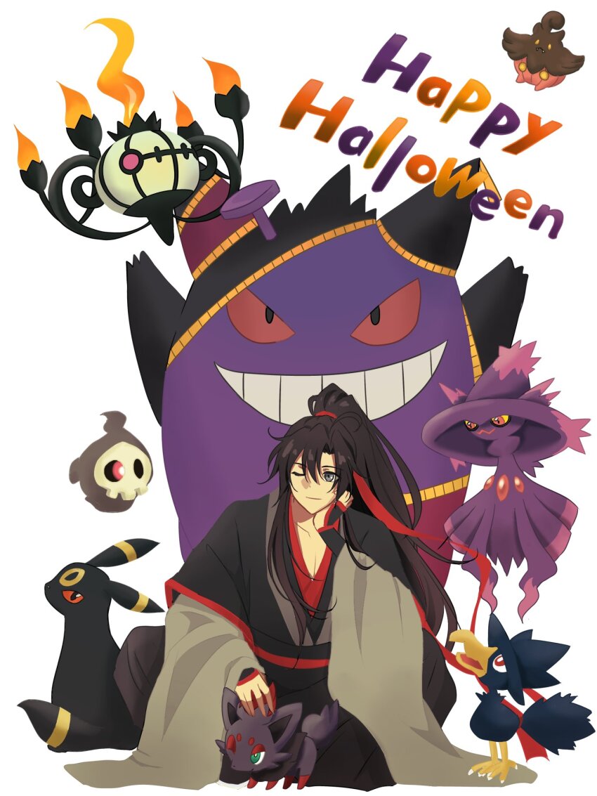 1boy ahoge black_eyes black_hair black_hanfu chandelure chinese_clothes closed_mouth crossover duskull english_text fire gen_1_pokemon gen_2_pokemon gen_3_pokemon gen_4_pokemon gen_5_pokemon gen_6_pokemon gen_7_pokemon gengar hair_ribbon halloween hand_on_own_cheek hand_on_own_face hanfu happy_halloween head_rest high_ponytail highres indian_style long_hair looking_at_viewer male_focus mimikyu mismagius modao_zushi murkrow nintendo one_eye_closed parrrrrrrrko pokemon pokemon_(creature) ponytail pumpkaboo red_ribbon ribbon robe sash sidelocks simple_background sitting sleeves_past_wrists smile umbreon wei_wuxian white_background wide_sleeves zorua