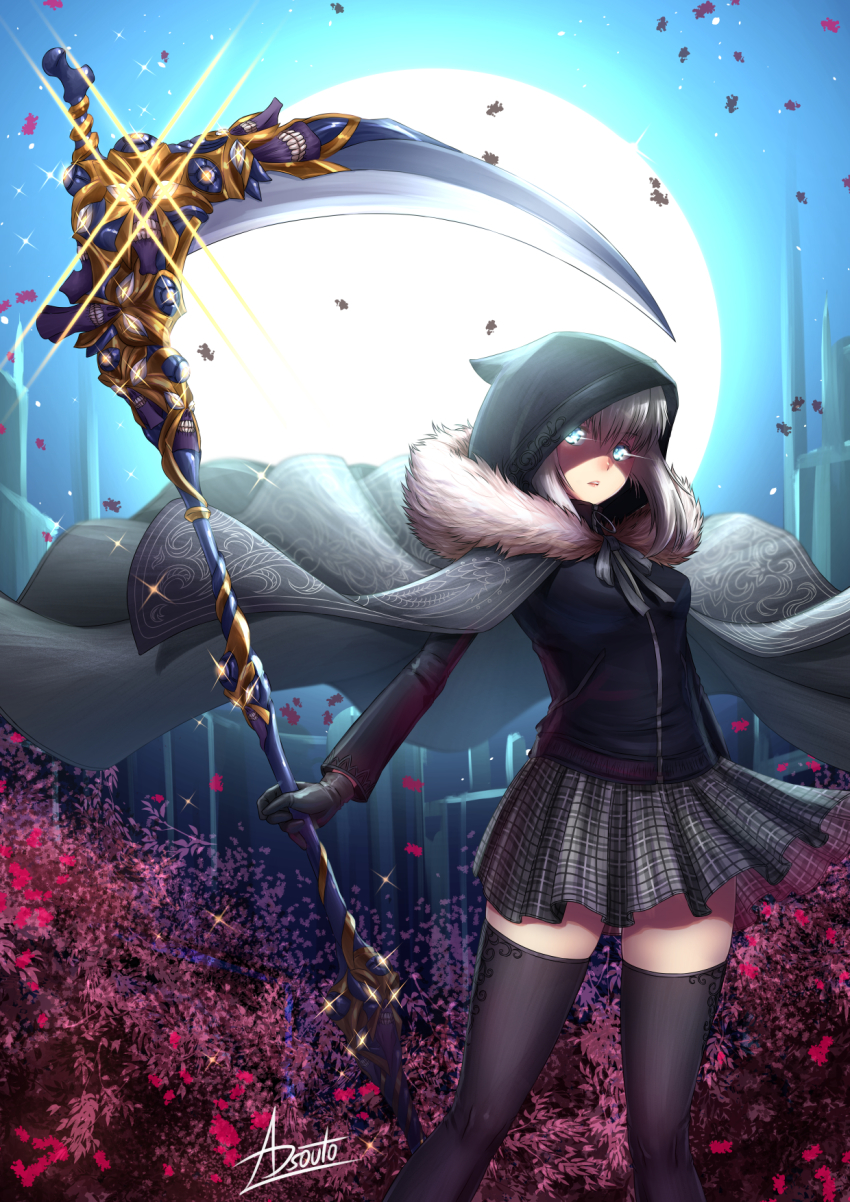 1girl adsouto birdcage black_capelet black_cloak black_gloves black_thighhighs blush cage cape capelet cloak fate/grand_order fate_(series) female_focus flower full_moon fur-trimmed_cloak fur_trim gloves glowing glowing_eyes gray_(fate) green_eyes grey_cape grey_flower grey_hair hair_between_eyes highres holding holding_scythe holding_weapon hood hood_up hooded hooded_cape hooded_cloak long_sleeves looking_at_viewer lord_el-melloi_ii_case_files moon night night_sky scythe short_hair skirt sky solo thighhighs weapon