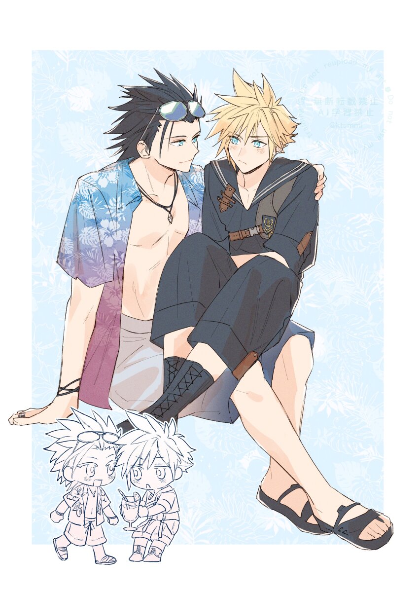 2boys absurdres arm_around_shoulder black_boots black_hair black_sailor_collar black_sandals black_shirt black_shoes blonde_hair blue_background blush boots chibi chibi_inset cloud_strife cloud_strife_(maritime_sailor) collared_shirt crop_top crossed_arms drink eyewear_on_head final_fantasy final_fantasy_vii final_fantasy_vii_ever_crisis full_body gradient_shorts hair_between_eyes hawaiian_shirt highres holding holding_drink jewelry ktsmmi male_focus medium_hair multiple_boys necklace official_alternate_costume open_clothes open_shirt print_shirt sailor_collar sandals shirt shoes short_hair sideburns sitting sitting_on_lap sitting_on_person spiked_hair tropical_drink yaoi zack_fair