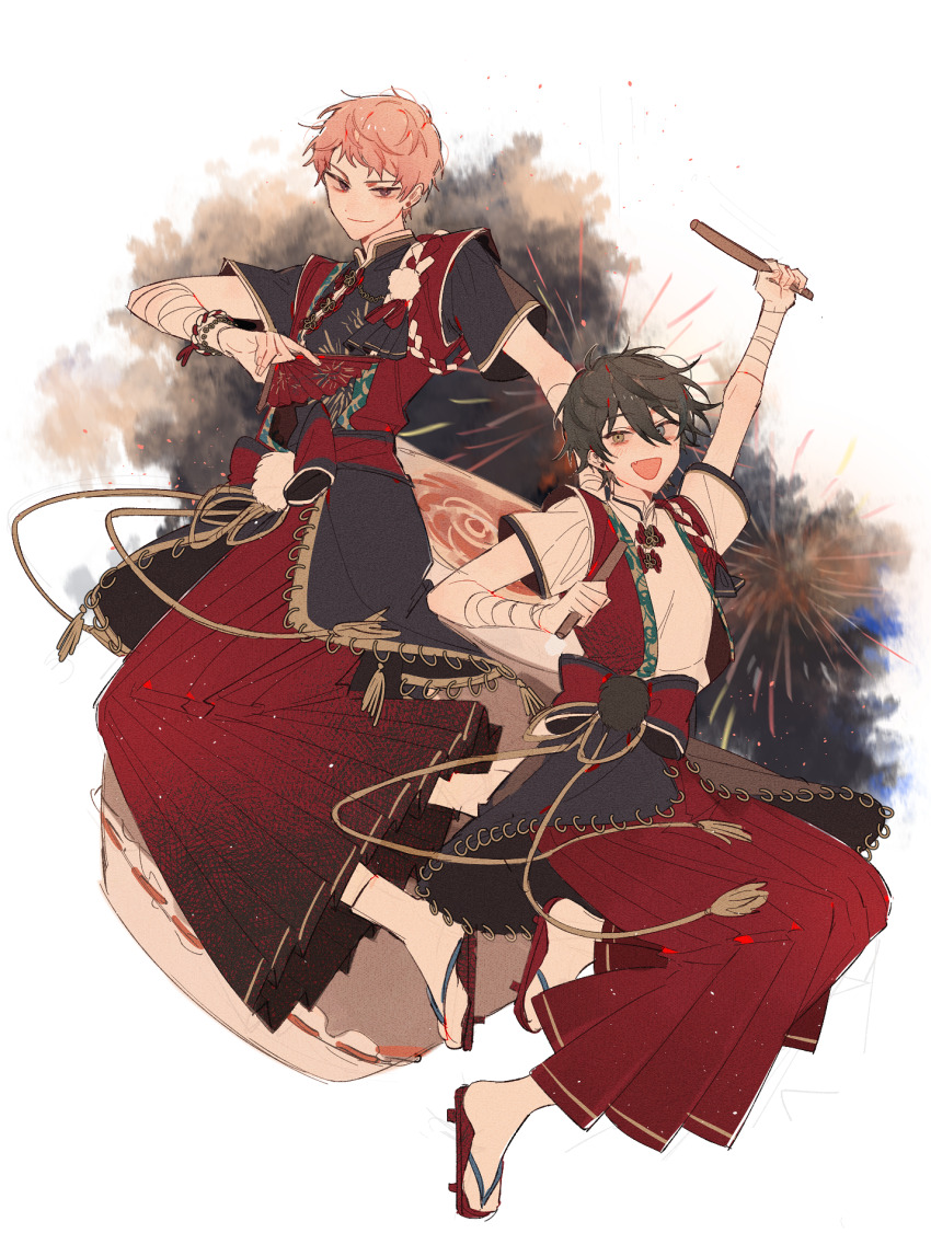 2boys anight arm_up bandaged_arm bandages black_hair black_shirt blue_eyes blush bracelet closed_mouth clothing_request drumsticks ensemble_stars! festival_dance fireworks full_body geta hair_between_eyes hakama hakama_skirt hand_fan heterochromia highres holding holding_drumsticks itsuki_shu japanese_clothes jewelry kagehira_mika male_focus multiple_boys official_alternate_costume open_mouth paper_texture pink_hair pom_pom_(clothes) purple_eyes red_hakama shirt shooting_star_festival_(ensemble_stars!) short_hair simple_background skirt smile socks tabi taiko_sticks valkyrie_(ensemble_stars!) white_background white_shirt white_socks yellow_eyes
