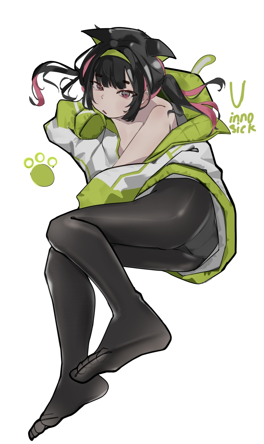 1girl absurdres animal_ears black_pantyhose feet highres hood hooded_jacket hoodie inno_(innoamp) jacket long_hair no_shoes original pantyhose soles solo toes twintails