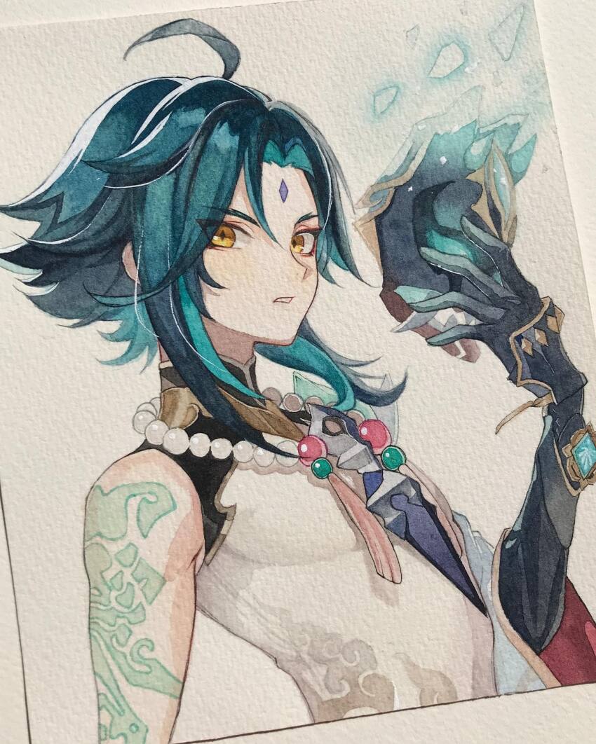 1boy ahoge arm_tattoo bead_necklace beads black_gloves commentary_request diamond-shaped_pupils diamond_(shape) diamond_facial_mark elbow_gloves facial_mark genshin_impact gloves green_eyes grey_hair highres jewelry korean_commentary looking_at_viewer male_focus necklace painting_(medium) parted_bangs parted_lips pectorals photo_(medium) portrait removing_mask shirt short_hair sidelocks single_elbow_glove single_sleeve sleeveless sleeveless_shirt solo symbol-shaped_pupils tassel_necklace tattoo tight_clothes tight_shirt traditional_media watercolor_(medium) wide_sleeves xiao_(genshin_impact) yanghui_(kittyh1507)