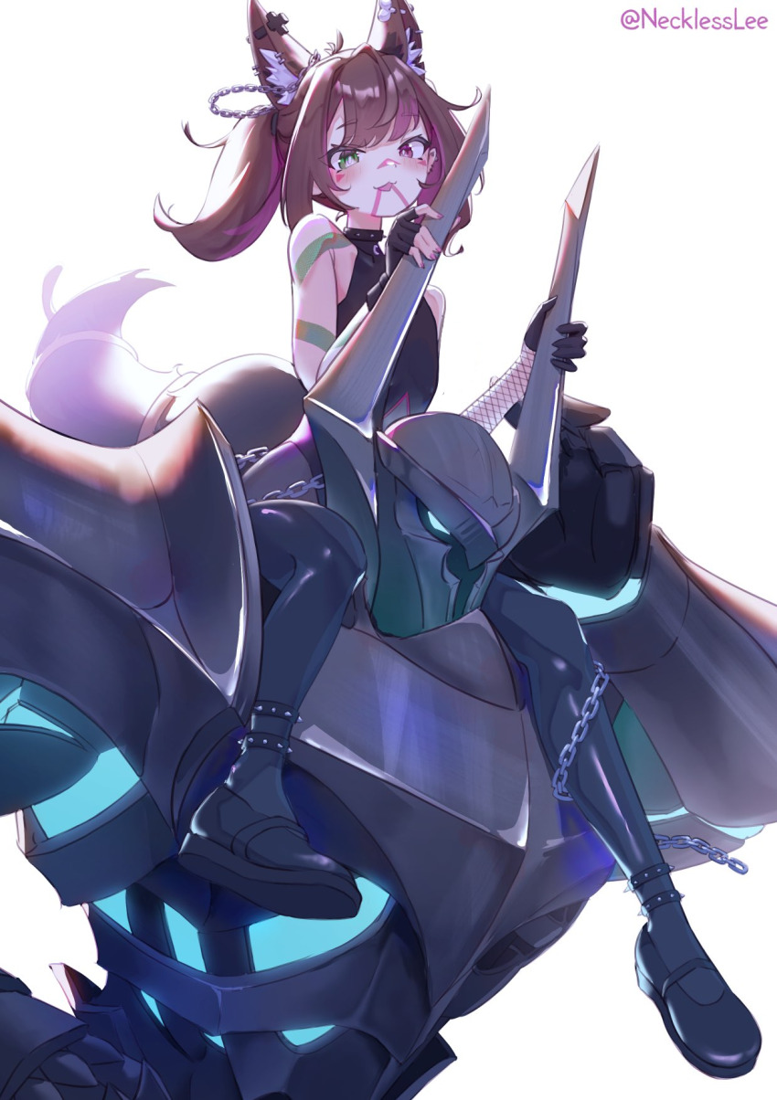 animal_ears cat_tail extra_ears fangs gloves heterochromia highres mordekaiser navel necklesslee nyudachi riding tail wolf_ears wolf_tail