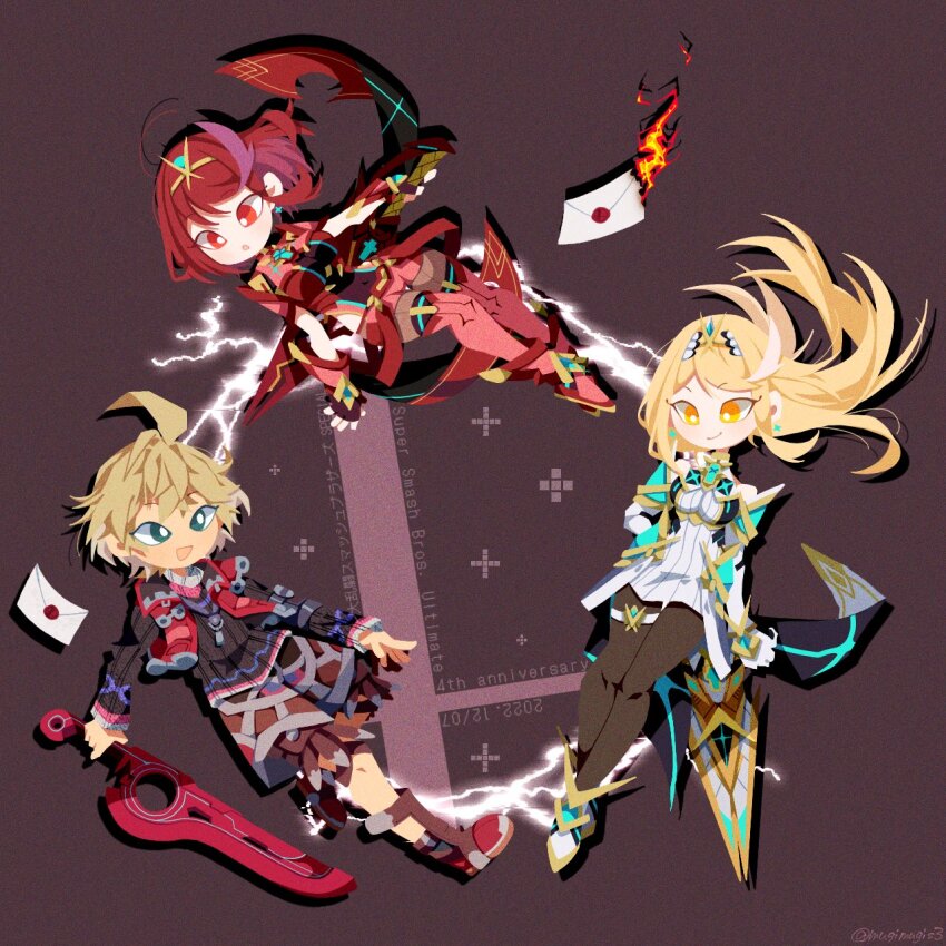 aegis_sword_(xenoblade) black_gloves blonde_hair breasts chest_jewel dress earrings fingerless_gloves gloves highres jewelry large_breasts long_hair monado mugimugis mythra_(massive_melee)_(xenoblade) mythra_(xenoblade) nintendo pyra_(xenoblade) red_eyes red_hair red_shorts short_dress short_hair short_shorts shorts shulk_(xenoblade) super_smash_bros. swept_bangs sword thighhighs tiara very_long_hair weapon white_dress xenoblade_chronicles_(series) xenoblade_chronicles_1 xenoblade_chronicles_2 yellow_eyes