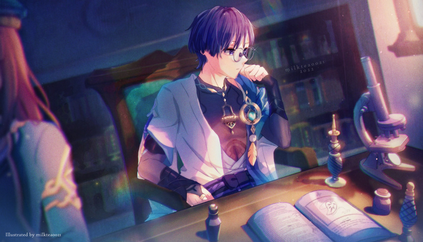 1boy 1girl 2022 akademiya_uniform armchair armor artist_name beret bespectacled black_bodysuit black_bow black_bridal_gauntlets black_eyes blue_cape blue_gemstone blue_sleeves blunt_ends bodysuit book bookshelf bow bridal_gauntlets bright_pupils brown_hair cape chair clenched_hand clip_studio_paint_(medium) closed_mouth coat expressionless feathers gem genshin_impact glasses gold gold_ring green_coat green_hat green_sleeves grey_kimono hand_on_own_cheek hand_on_own_face hand_up hat indoors japanese_armor japanese_clothes kimono kote kurokote layered_kimono layered_sleeves library long_hair looking_to_the_side mandarin_collar microscope middle_ring milktea_0021 open_book open_clothes open_kimono pom_pom_(clothes) purple_hair purple_rope purple_sash rimless_eyewear rope round_eyewear sash scaramouche_(genshin_impact) short_sleeves sidelighting sitting table vial vision_(genshin_impact) wanderer_(genshin_impact) white_kimono white_pupils white_sleeves white_trim yellow_feathers