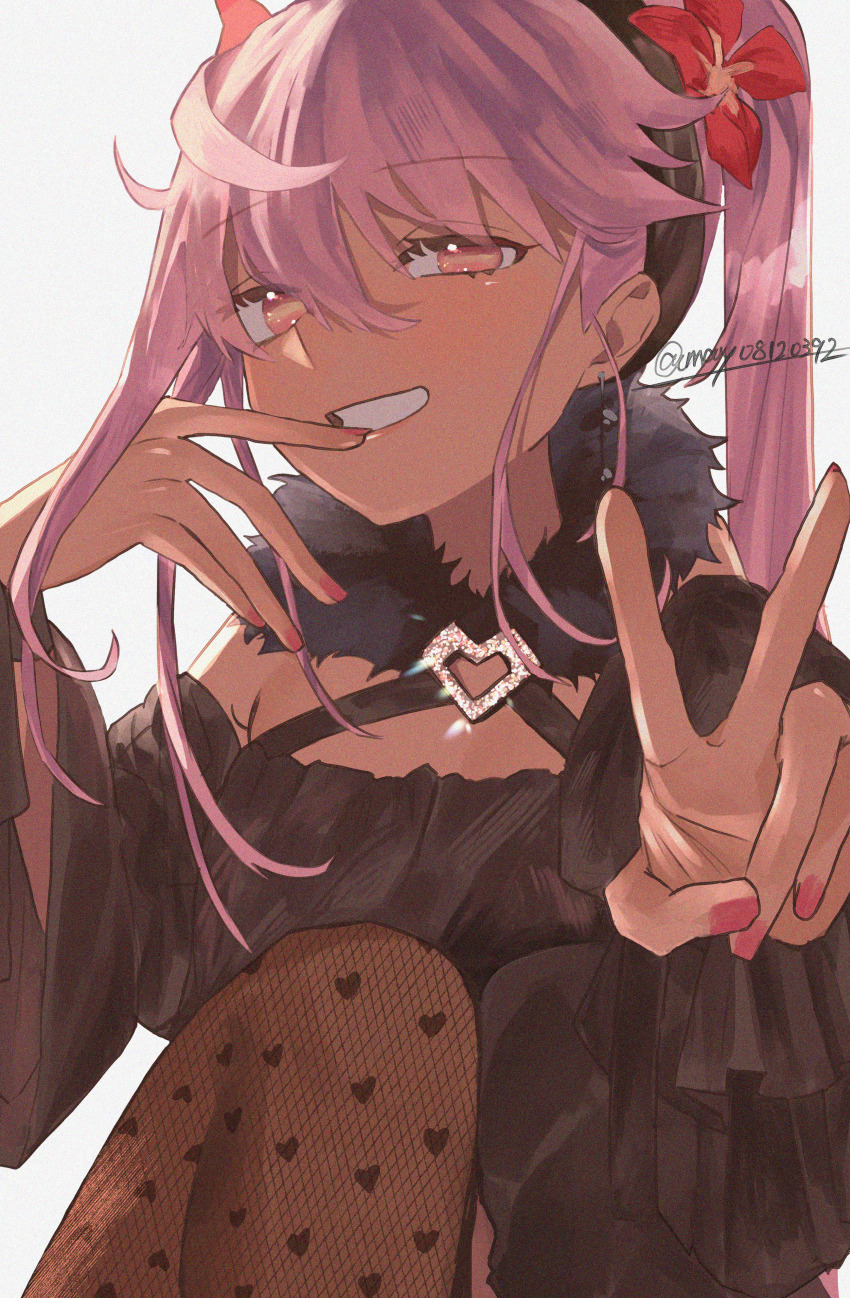 1girl absurdres bare_shoulders black_dress blush breasts chloe_von_einzbern dark-skinned_female dark_skin dress fate/grand_order fate_(series) grin highres long_hair looking_at_viewer orange_eyes pink_hair side_ponytail skeymd small_breasts smile solo