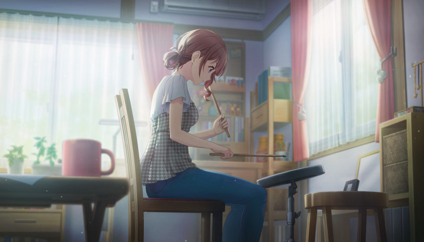 1girl air_conditioner backlighting bare_arms basket bedroom binder blouse blue_eyes blunt_bangs blurry blurry_background book bookshelf brown_hair bulletin_board cabinet chair closed_mouth coffee_mug coffee_table colorful_palette corner cup curtains day denim desk desk_lamp display drawer drum_pad drumming drumsticks eyelashes feet_out_of_frame fingernails flower_pot from_side frown gold_necklace hair_behind_ear hair_bun hair_tie hair_up hands_up head_down highres holding holding_drumsticks indoors jeans jewelry jewelry_box lamp leaf light_particles looking_down mirror mobile mochizuki_honami mug nape necklace nightstand official_art on_chair pants paper pattern_request photo_(object) picture_frame plant potted_plant profile project_sekai ruler scissors serious shirt single_hair_bun single_sidelock sitting solo stick_to_your_faith_(project_sekai) stool strapless strapless_shirt sunlight table tareme third-party_source unworn_jewelry wavy_hair white_shirt wide_sleeves window