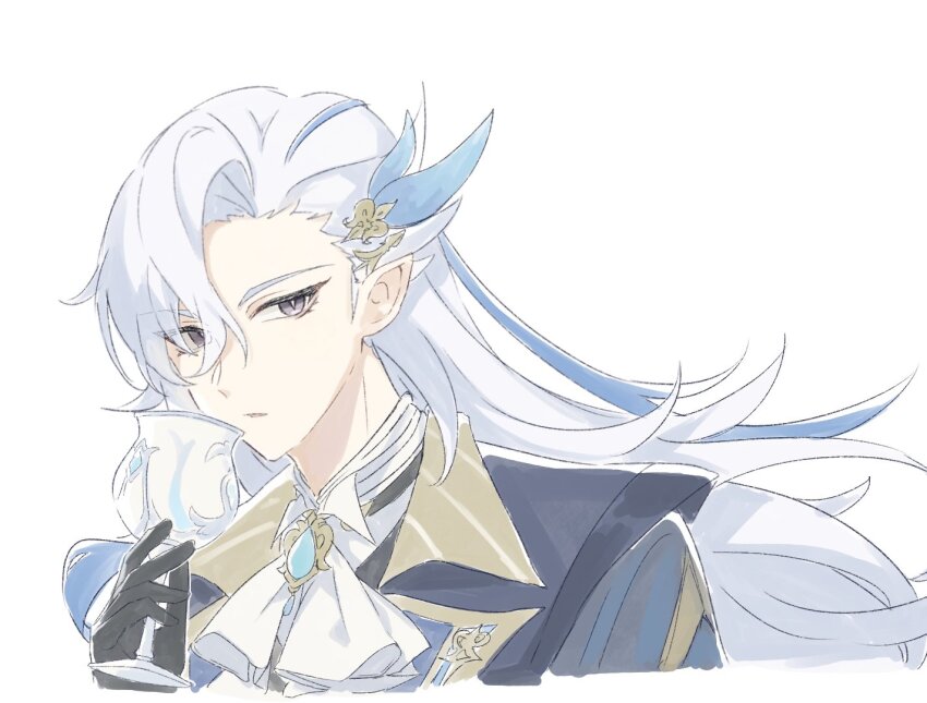 1boy ascot black_gloves blue_coat blue_hair chalice coat cup genshin_impact gloves grey_hair hair_between_eyes holding holding_cup long_hair male_focus neuvillette_(genshin_impact) parted_lips pointy_ears purple_eyes shirase_(shirose) simple_background solo upper_body white_ascot white_background