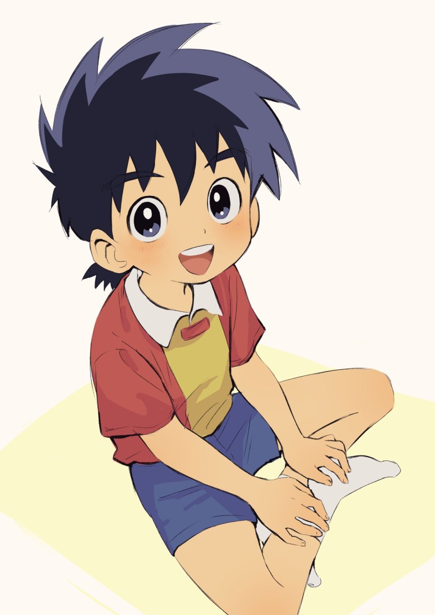 1boy :d black_eyes black_hair blue_shorts blush bright_pupils child collared_shirt genji_agedama genji_tsuushin_agedama hair_between_eyes hands_on_own_legs highres kimura_b looking_at_viewer looking_up open_mouth shirt short_sleeves shorts sitting smile socks solo teeth two-tone_background two-tone_shirt upper_teeth_only white_pupils white_socks