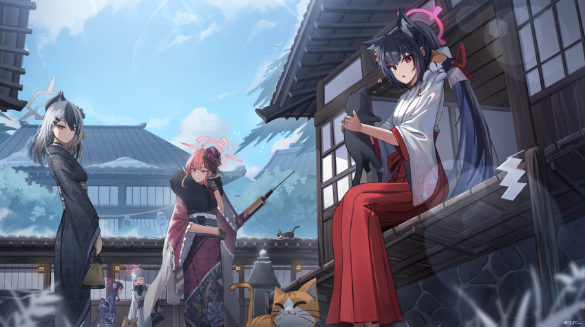 5girls :d absurdres animal animal_ear_fluff animal_ears animal_on_shoulder architecture aru_(blue_archive) aru_(new_year)_(blue_archive) black_hair black_kimono blue_archive blue_kimono building cat cat_ears cat_on_shoulder closed_eyes ear_piercing east_asian_architecture extra_ears flower fur_scarf grey_hair gun gun_on_back hair_flower hair_ornament hairclip hakama hakama_skirt halo haruka_(blue_archive) haruka_(new_year)_(blue_archive) highres holding holding_animal holding_cat horns japanese_clothes jeze kayoko_(blue_archive) kayoko_(new_year)_(blue_archive) kimono long_hair looking_at_viewer multicolored_hair multiple_girls mutsuki_(blue_archive) mutsuki_(new_year)_(blue_archive) obi open_mouth parted_lips piercing pink_flower pink_hair ponytail print_kimono purple_flower red_eyes red_hakama red_kimono sash serika_(blue_archive) serika_(new_year)_(blue_archive) shouji shrine sitting skirt sliding_doors smile streaked_hair two-tone_hair veranda very_long_hair weapon weapon_on_back white_kimono yellow_eyes