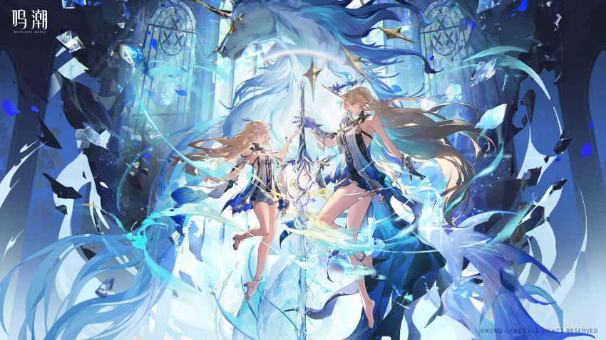 2girls absurdres bare_legs bare_shoulders barefoot black_dress blonde_hair breasts cartethyia_(wuthering_waves) character_name closed_eyes crown_of_thorns dress dual_persona earrings english_text feet fleurdelys_(wuthering_waves) highres horns imperator_(wuthering_waves) jewelry large_breasts legs logo long_hair medium_breasts multiple_girls official_art pointy_ears sandals single_horn tabard toes very_long_hair white_tabard wuthering_waves yellow_horns