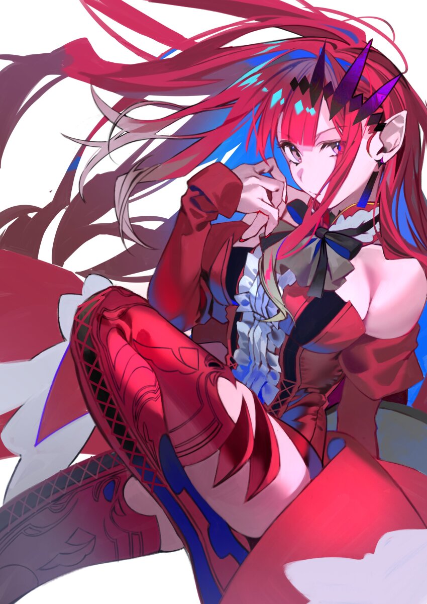 1girl absurdres baobhan_sith_(fate) baobhan_sith_(first_ascension)_(fate) bare_shoulders breasts detached_sleeves dress earrings fate/grand_order fate_(series) frilled_dress frills grey_eyes highres hiro_(hirohiro_gorira) jewelry knee_up long_hair looking_at_viewer pink_hair pointy_ears red_dress sidelocks solo white_background